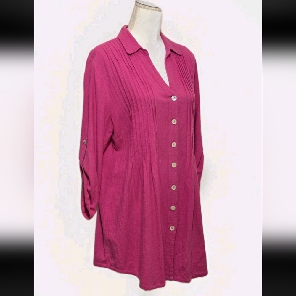 Soft Surroundings Pintuck Collared Button Front  100% Cotton  Tunic Top  Pink S - Picture 2 of 5